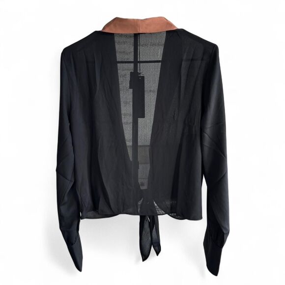 NWT Krisa black tie-front Tuxedo Inspired blouse with tan lapels. Sz. M. Glam - Picture 3 of 8